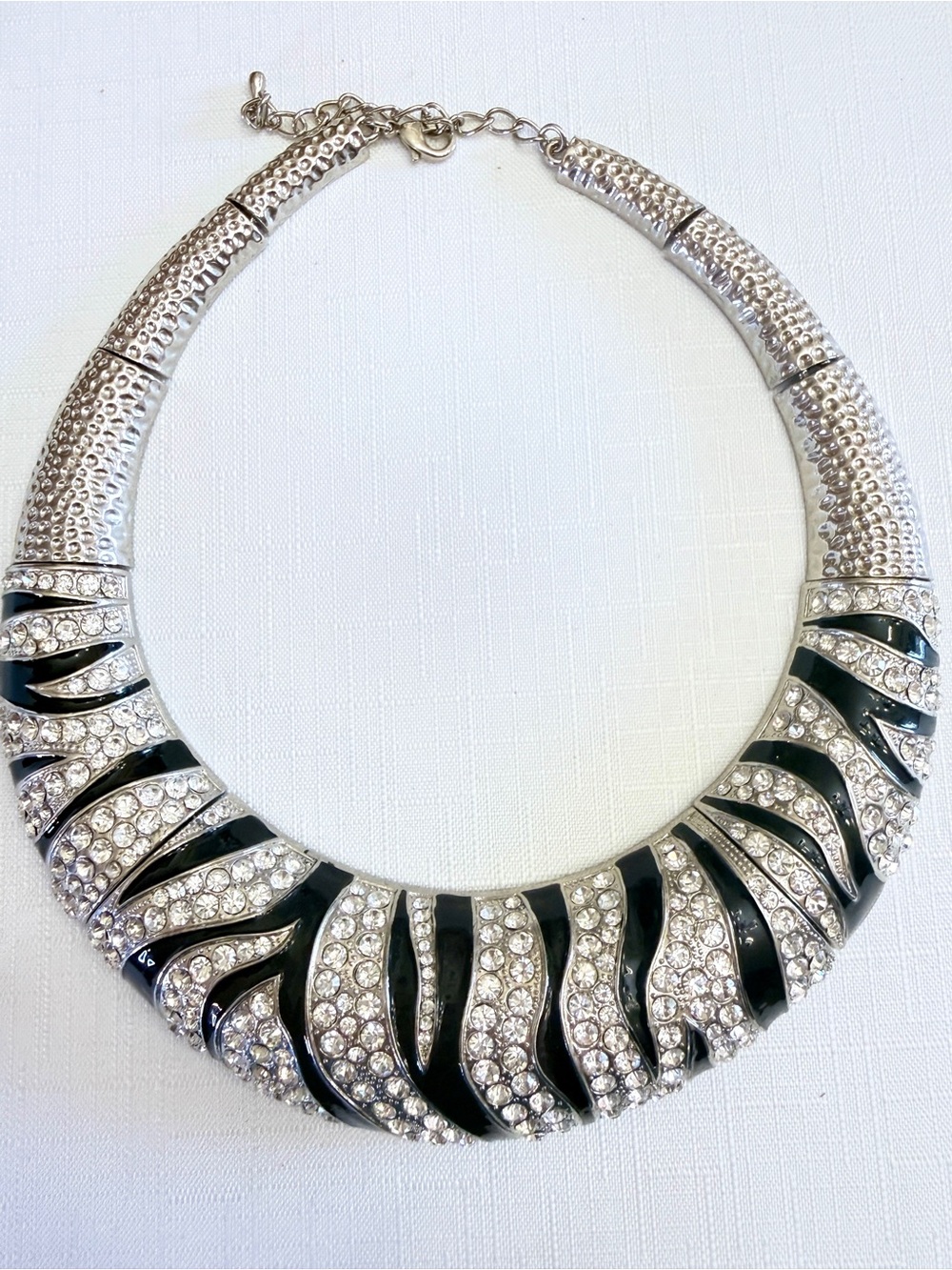 Statement Necklace - Silver Tone with Black Enamel and Pave Rhinestones